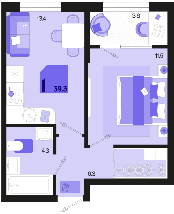 1-комнатная квартира №174 39,3 м2 от застройщика ГК ТОЧНО