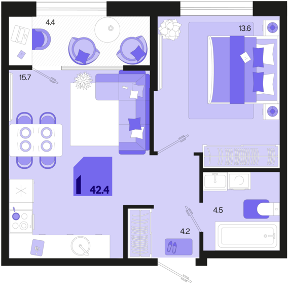 1-комнатная квартира №178 42,4 м2 от застройщика ГК ТОЧНО