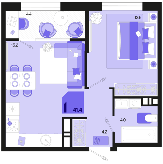 1-комнатная квартира №234 41,4 м2 от застройщика ГК ТОЧНО