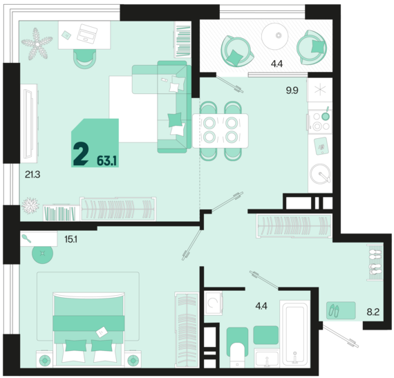 2-комнатная квартира №81 63,1 м2 от застройщика ГК ТОЧНО