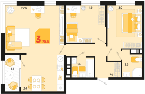 3-комнатная квартира №82 78,5 м2 от застройщика ГК ТОЧНО