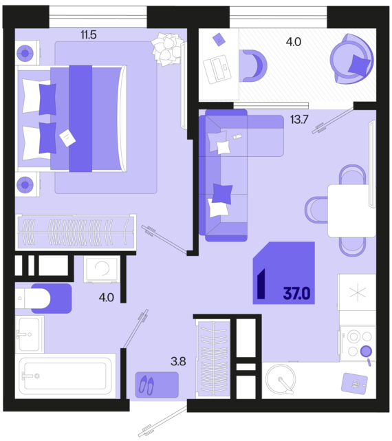 1-комнатная квартира №83 37 м2 от застройщика ГК ТОЧНО