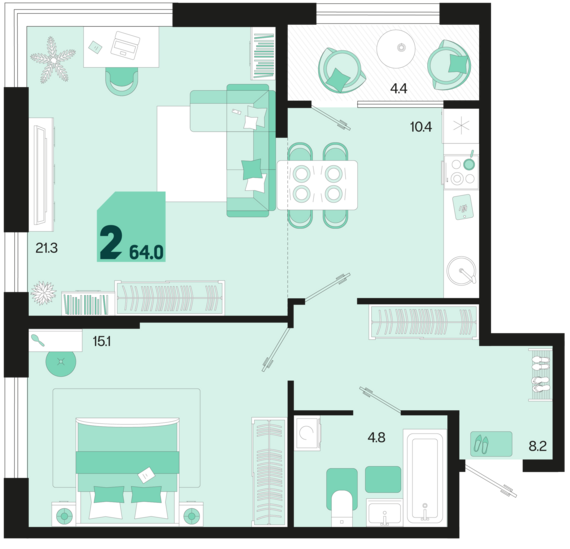 2-комнатная квартира №1 64 м2 от застройщика ГК ТОЧНО
