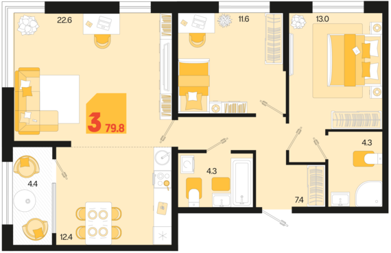 3-комнатная квартира №2 79,8 м2 от застройщика ГК ТОЧНО