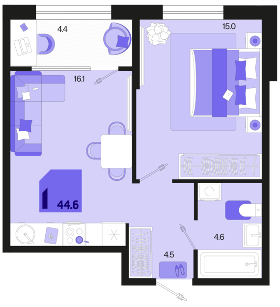 1-комнатная квартира №5 44,6 м2 от застройщика ГК ТОЧНО