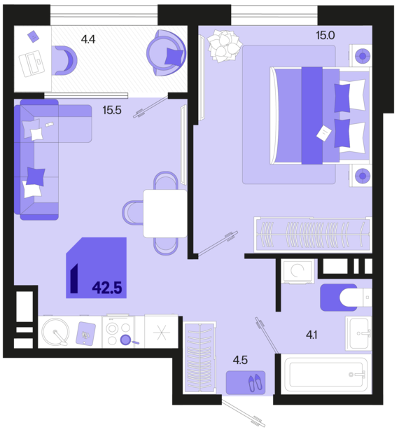 1-комнатная квартира №15 43,5 м2 от застройщика ГК ТОЧНО