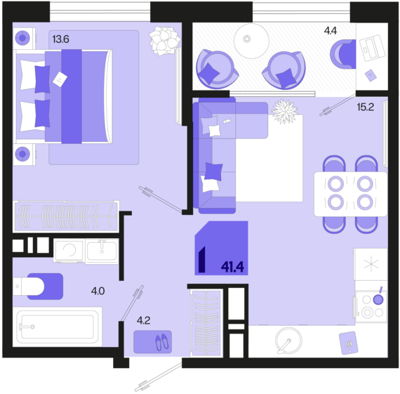 1-комнатная квартира №216 41,4 м2 от застройщика ГК ТОЧНО
