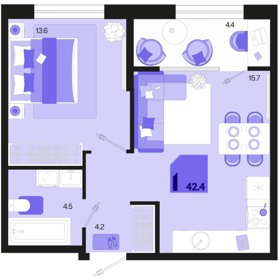 1-комнатная квартира №88 42,4 м2 от застройщика ГК ТОЧНО