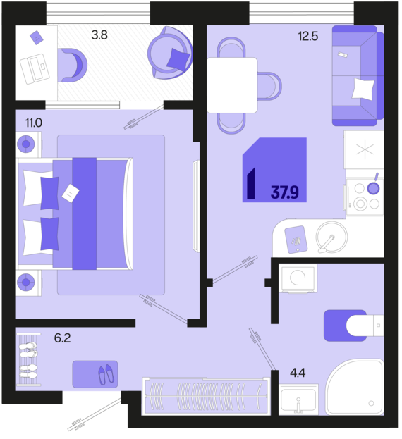 1-комнатная квартира №90 37,9 м2 от застройщика ГК ТОЧНО