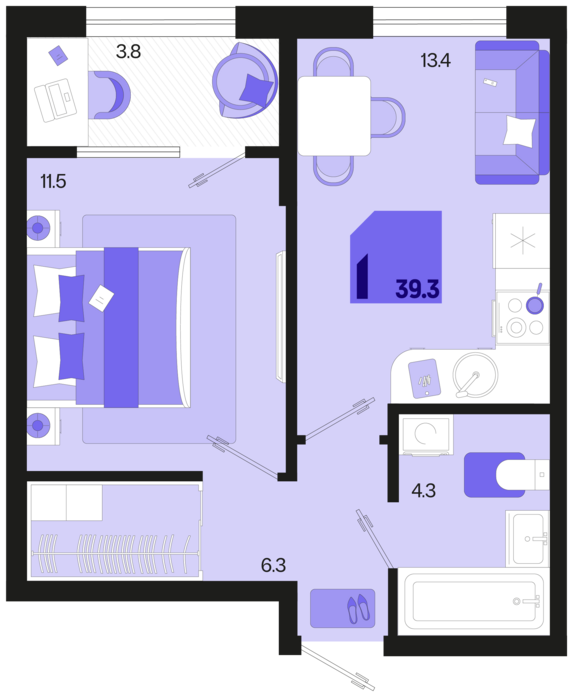 1-комнатная квартира №92 39,3 м2 от застройщика ГК ТОЧНО
