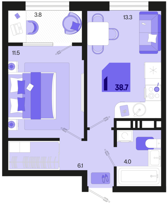 1-комнатная квартира №204 38,7 м2 от застройщика ГК ТОЧНО