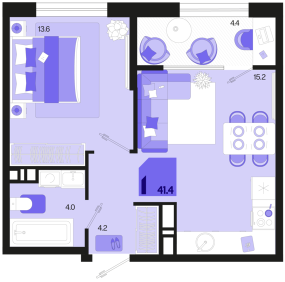 1-комнатная квартира №208 41,4 м2 от застройщика ГК ТОЧНО