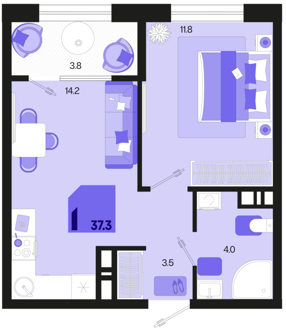 1-комнатная квартира №419 37,3 м2 от застройщика ГК ТОЧНО