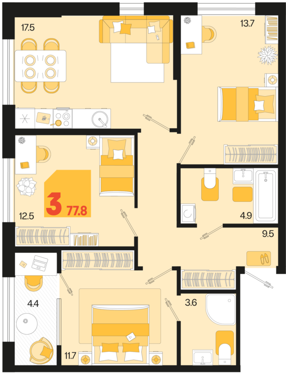 3-комнатная квартира №356 77,8 м2 от застройщика ГК ТОЧНО