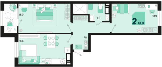 2-комнатная квартира №395 61,8 м2 от застройщика ГК ТОЧНО