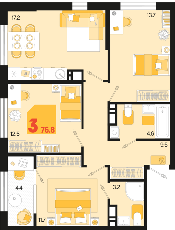 3-комнатная квартира №398 76,8 м2 от застройщика ГК ТОЧНО