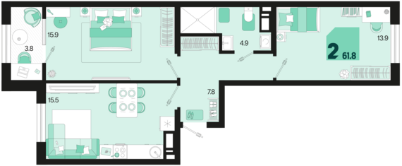 2-комнатная квартира №402 61,8 м2 от застройщика ГК ТОЧНО