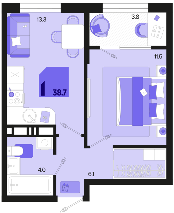 1-комнатная квартира №339 38,7 м2 от застройщика ГК ТОЧНО