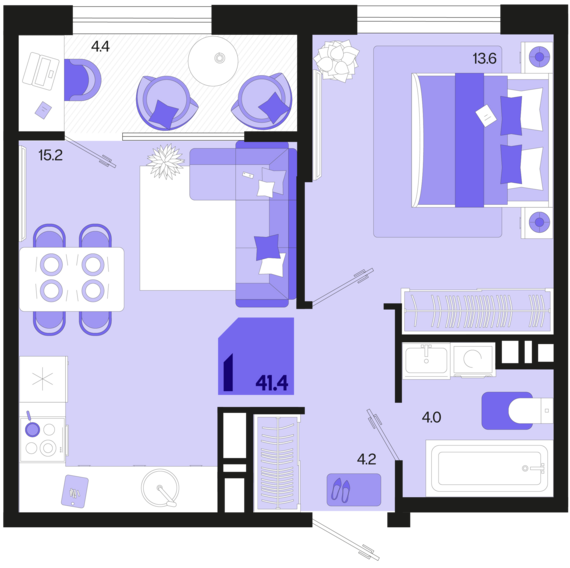 1-комнатная квартира №295 41,4 м2 от застройщика ГК ТОЧНО