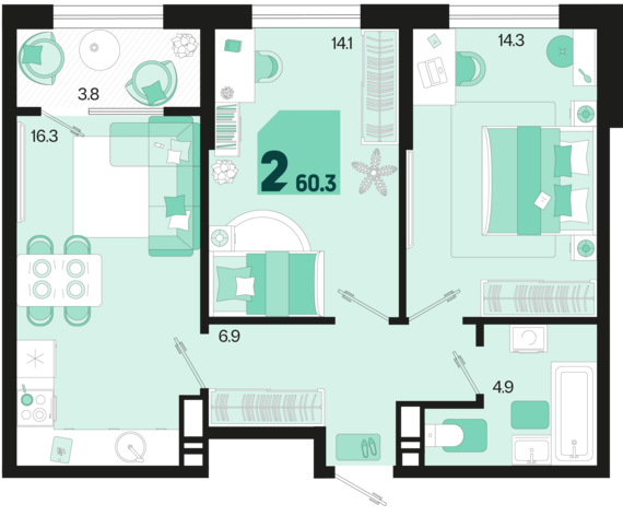 2-комнатная квартира №298 60,3 м2 от застройщика ГК ТОЧНО