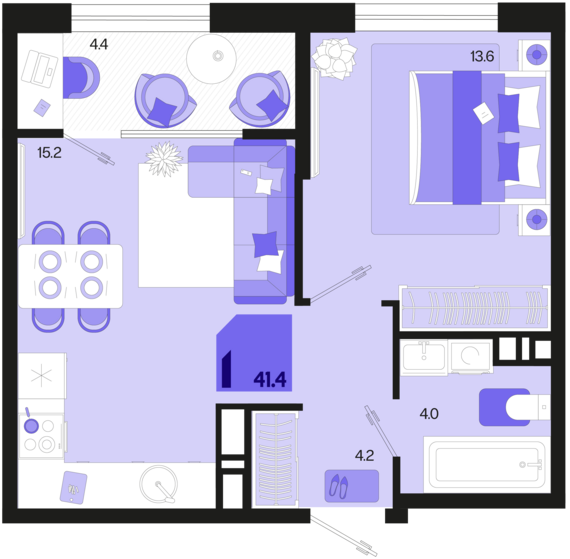 1-комнатная квартира №349 41,4 м2 от застройщика ГК ТОЧНО