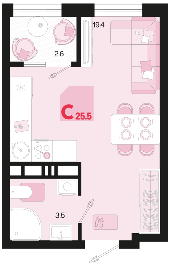Студия №350 25,5 м2 от застройщика ГК ТОЧНО