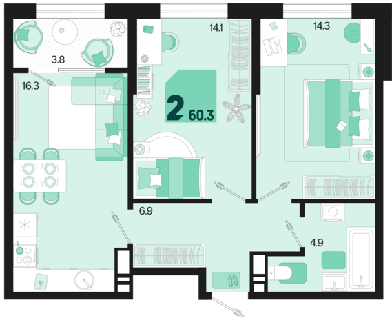 2-комнатная квартира №352 60,3 м2 от застройщика ГК ТОЧНО
