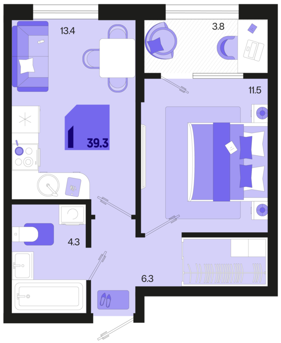 1-комнатная квартира №219 39,3 м2 от застройщика ГК ТОЧНО