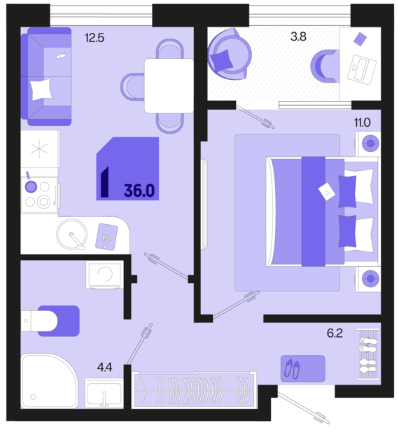 1-комнатная квартира №221 37,9 м2 от застройщика ГК ТОЧНО