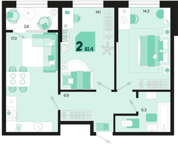 2-комнатная квартира №226 61,4 м2 от застройщика ГК ТОЧНО