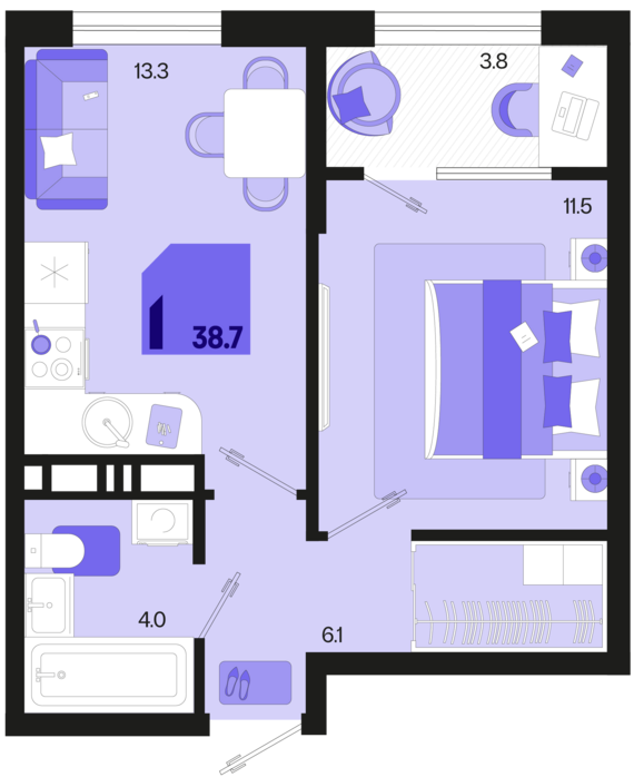 1-комнатная квартира №259 38,7 м2 от застройщика ГК ТОЧНО