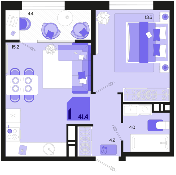 1-комнатная квартира №263 41,4 м2 от застройщика ГК ТОЧНО