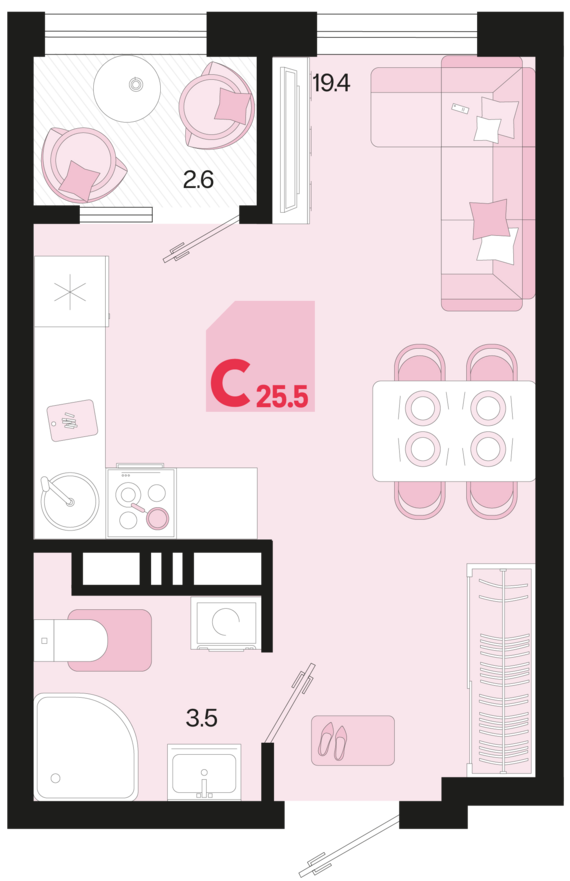 Студия №264 25,5 м2 от застройщика ГК ТОЧНО