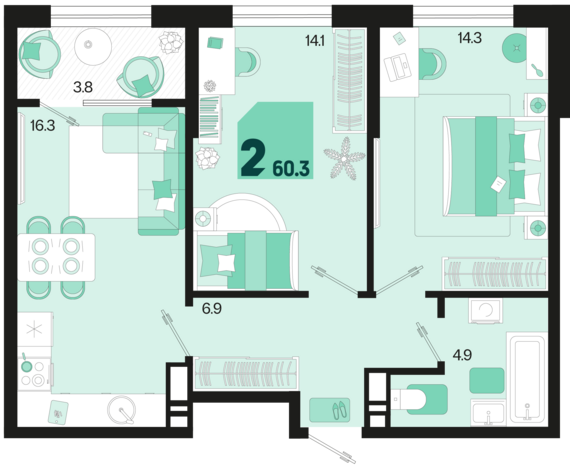 2-комнатная квартира №274 60,3 м2 от застройщика ГК ТОЧНО