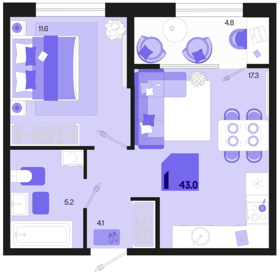 1-комнатная квартира №5 43 м2 от застройщика ГК ТОЧНО