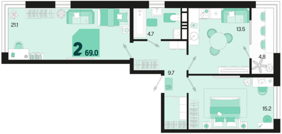 2-комнатная квартира №12 69 м2 от застройщика ГК ТОЧНО