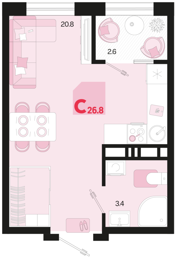 Студия №22 26,8 м2 от застройщика ГК ТОЧНО