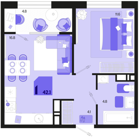 1-комнатная квартира №68 42,1 м2 от застройщика ГК ТОЧНО