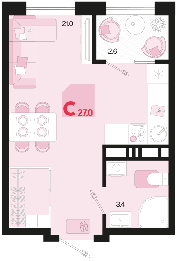 Студия №52 27 м2 от застройщика ГК ТОЧНО