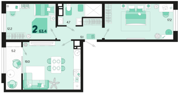 2-комнатная квартира №172 63,4 м2 от застройщика ГК ТОЧНО