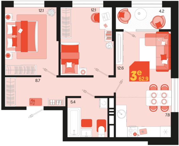 евро 3 к.кв. №163 60,8 м2 от застройщика ГК ТОЧНО