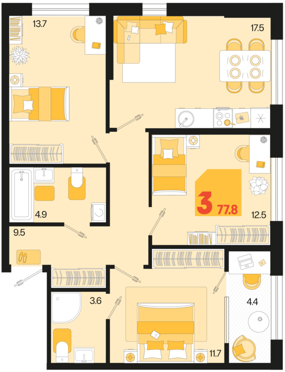 3-комнатная квартира №334 77,8 м2 от застройщика ГК ТОЧНО