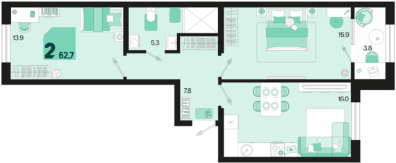 2-комнатная квартира №337 62,7 м2 от застройщика ГК ТОЧНО