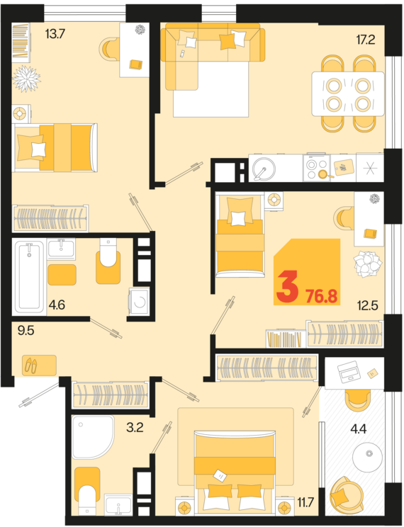 3-комнатная квартира №355 76,8 м2 от застройщика ГК ТОЧНО