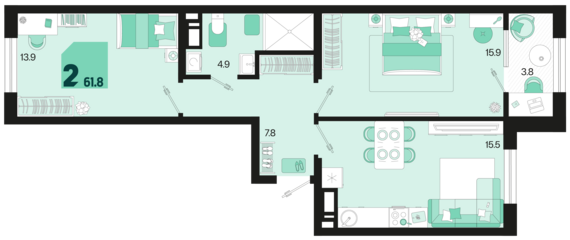 2-комнатная квартира №351 61,8 м2 от застройщика ГК ТОЧНО