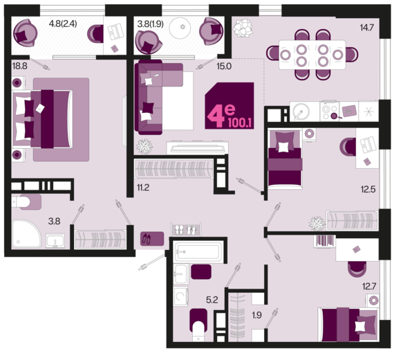 евро 4 к.кв. №381 100,1 м2 от застройщика ГК ТОЧНО