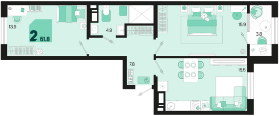 2-комнатная квартира №384 61,8 м2 от застройщика ГК ТОЧНО