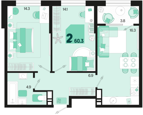 2-комнатная квартира №489 60,3 м2 от застройщика ГК ТОЧНО