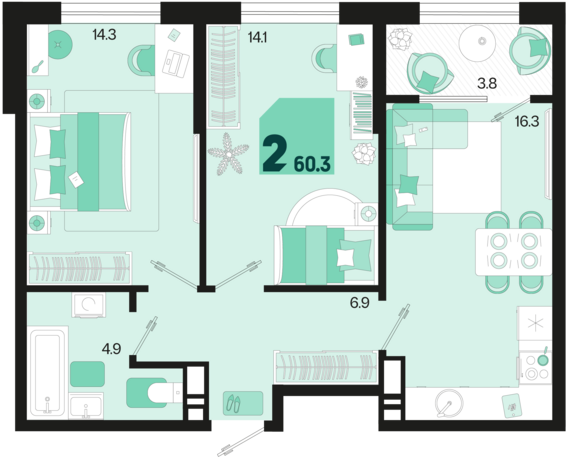 2-комнатная квартира №513 60,3 м2 от застройщика ГК ТОЧНО