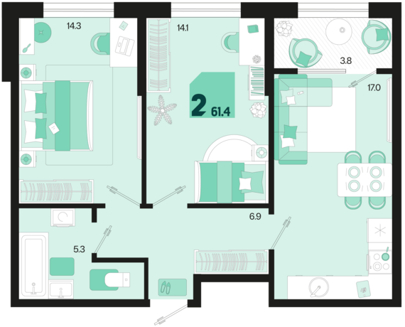 2-комнатная квартира №385 61,4 м2 от застройщика ГК ТОЧНО